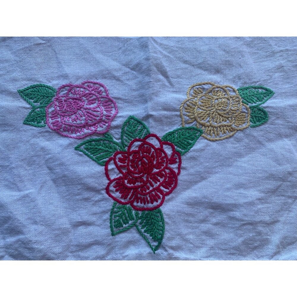 Hand Embroidered Roses Linen Table Runner Red Pink Yellow - Picture 1 of 4